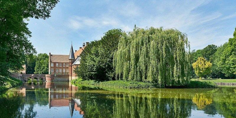 Droste Pad - in der Ferne ist die Burg Hülshoff zu sehen. Zum Teil verdeckt von sommerlich belaubten Trauerweiden und anderen Bäumen.