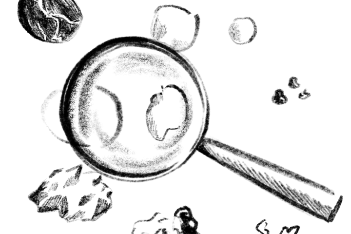 Droste Pad - Eine Lupe schwebt über mehreren kleinen runden schwarz-weissen Objekten 
